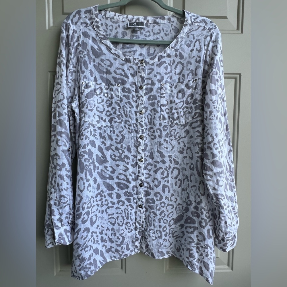 JM Collection 100% Linen Blouse Size 12 Grey white